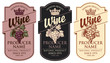 © paseven - Set of three vector wine labels with hand-drawn bunches of grapes, crowns and calligraphic inscriptions in retro style in figured frames