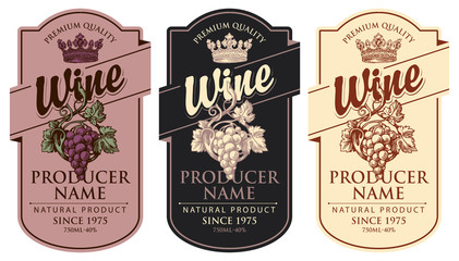 Wall Mural - set of three vector wine labels with hand-drawn bunches of grapes, crowns and calligraphic inscripti