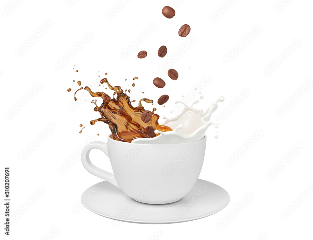 milk coffee splash in white cup with coffee beans, 3d illustration. - obrazy, fototapety, plakaty 