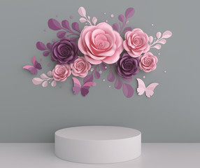 podium display design with paper art pastel color flower abstract background, 3d rendering.