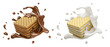 set of Pile of square wafer biscuit with chocolate and milk splash, 3d rendering.