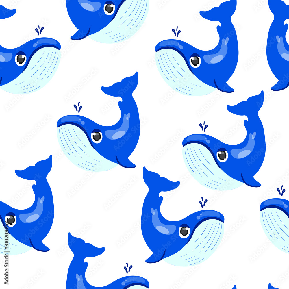 seamless pattern with blue character whales , vector isolated on withe ...