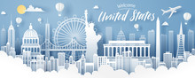 Paper Cut Of USA Landmark, Travel And Tourism Concept.