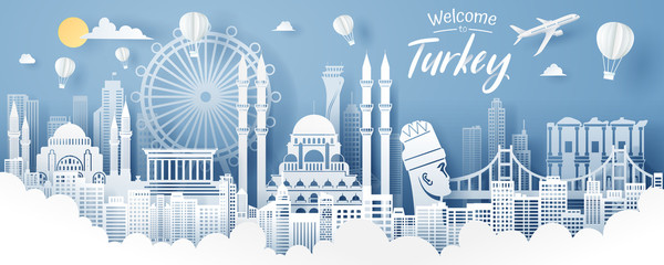 Wall Mural - Paper cut of Turkey landmark, travel and tourism concept.