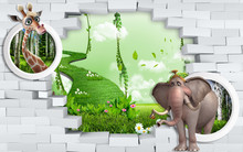 3d Mural Wallpaper For Kids Room Broken Brick Wall With Beautiful Landscape Behind With Elephant And Giraffe In Circle .