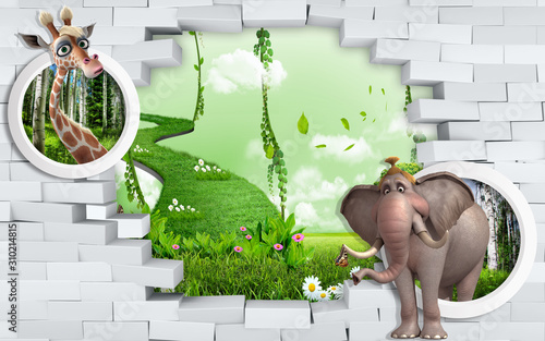 Naklejka na kafelki 3d mural wallpaper for kids room Broken Brick Wall with beautiful landscape behind with Elephant and giraffe in circle .