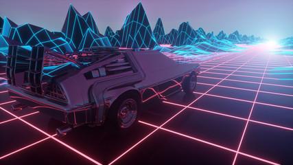 Wall Mural - Retro futuristic car in 80s style moves on a virtual neon landscape. 3d illustration