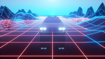 Wall Mural - Retro futuristic car in 80s style moves on a virtual neon landscape. 3d illustration