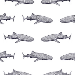 Wall Mural - Seamless pattern of hand drawn sketch style abstract ethnic sharks isolated on white background. Vector illustration.