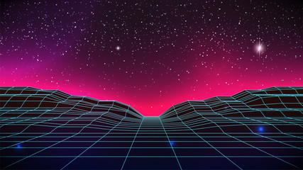 Wall Mural - synthwave horizon background. virtual 3d landscape with glow. perspective grid with starry sky. 80s 