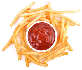 french fries with tomato sauce on a white background