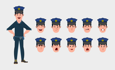 policeman cartoon character with various facial emotions and lip sync. character for custom animation.