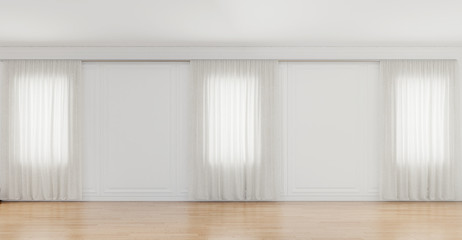Big empty white apartment with 3 windows and no furniture, wide mock-up space, 3d rendering
