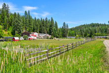 A Small Roadside Home Site Farm On Acreage Flies American Flags Along Their Picket Fence On July 4th In The Coeur D'Alene Area Of North Idaho, USA