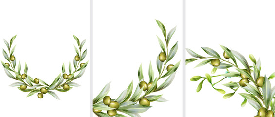 Wall Mural - Big set of green olive wreath in random angles. Vector