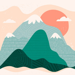 Wall Mural - Mountain view. Mountains, hills, clouds, sun. Paper cut style. Flat abstract design. Scandinavian style illustration. Stamp texture. Hand drawn trendy vector seamless pattern