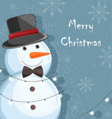 Merry christmas snowman with white fairy lights, carrot nose, black ribbon and hat. Snowflakes on background. Place for text. Winter season vector