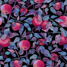 Seamless Pattern Apple Tree Branch With Red Apples Watercolor Stylized Illustration