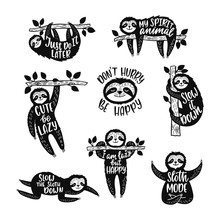 Set Of Sketch Cartoon Slothes With Inspirational Quotes. Hand Drawn Cute Doodle Vector Illustrations.