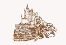 Graphical Vintage Alcazar Castle Isolated ,Spain,vector Illustration
