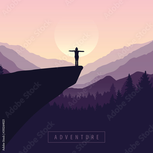 Fotomural hiking adventure girl on a cliff in at sunrise with mountain view vector illustr