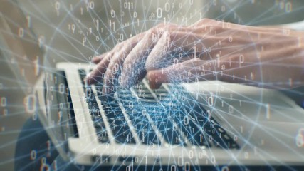 Chat gpt ai on computer, man programmer or hacker prints a code on a laptop keyboard. Man hands, black background, animation 3d motion design flying numbers and symbols