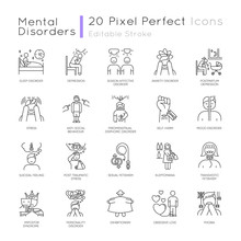 Mental Disorder Linear Icons Set. Depression And Anxiety. Self-harm, Suicide. Postpartum Stress. Phobia. PTSD, PMS. Thin Line Contour Symbols. Isolated Vector Outline Illustrations. Editable Stroke