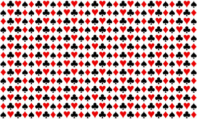 Pattern texture repeating seamless black red white background. Game, playing cards. Wallpaper, fabric. Poker flat icon card suites game sign symbol logo illustration design. set icons symbols isolated