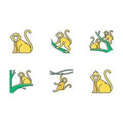 Sticker - Monkeys in wild color icons set. Tropical country animal, mammal on trees. Exploring exotic Indonesian wildlife. Primate sitting. Visiting Balinese forest fauna. Isolated vector illustrations