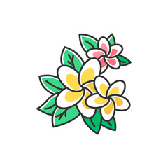 Sticker - Plumeria pink and yellow color icon. Exotic region flowers. Flora of Indonesian islands. Small tropical plants. Blossom of frangipani with leaves. Nature of Bali. Isolated vector illustration