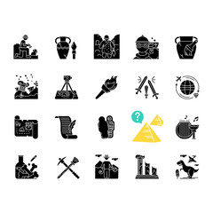 Wall Mural - Archeology glyph icons set. Researcher on excavation. Ancient artifacts. Prehistoric life. Lost cities. Culture. Field research. Restoration. Flambeau. Silhouette symbols. Vector isolated illustration