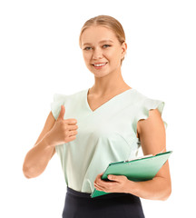 Sticker - Female real estate agent showing thumb-up gesture on white background