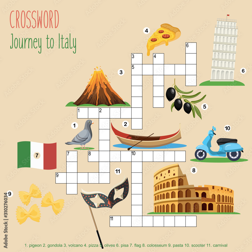 Easy crossword puzzle 'journey to italy', for children in elementary and  middle school. fun way to practice language comprehension and expand  vocabulary. includes answers. vector illustration. stock vector | adobe  stock