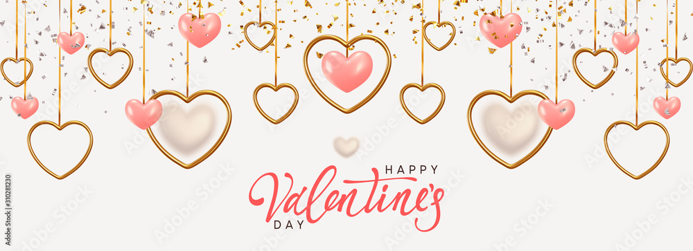 Happy Valentine's Day. Background with realistic metallic gold and pink hearts hanging on ribbon, falling glitter confetti. Greeting card, gift poster, holiday banner. - obrazy, fototapety, plakaty 