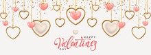 Happy Valentine's Day. Background With Realistic Metallic Gold And Pink Hearts Hanging On Ribbon, Falling Glitter Confetti. Greeting Card, Gift Poster, Holiday Banner.