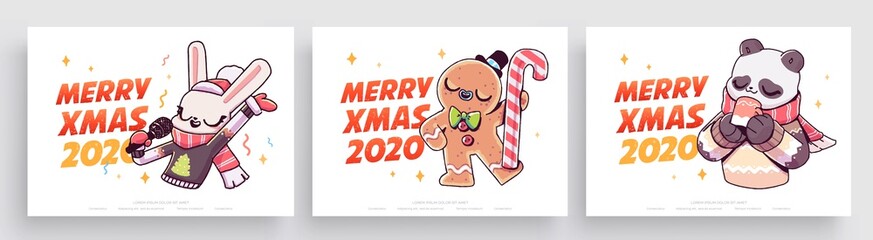 Wall Mural - New Year 2020 And Christmas Greeting Card collection. Cute holiday themed Characters and situations