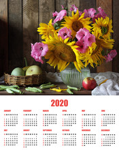 2020. Wall Poster With Calendar, Sunflowers And Apples.