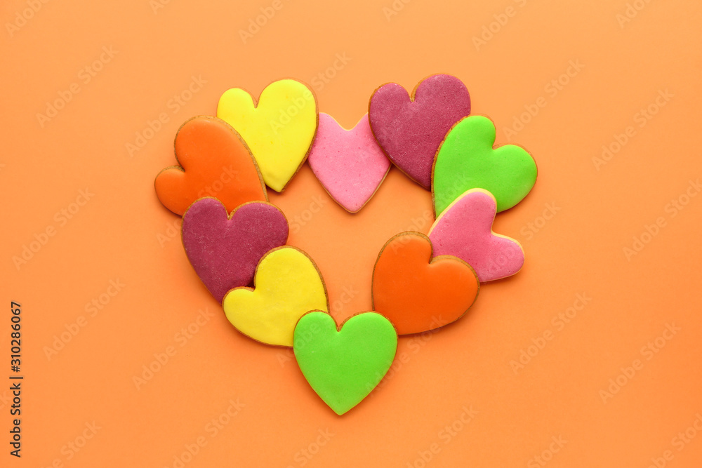 Heart shaped cookies for Valentine's day on color background