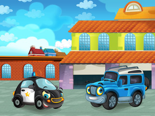 Wall Mural - cartoon scene with car vehicle on the road near the garage or repair station - illustration for children