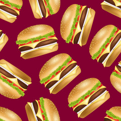 Sticker - Realistic Detailed 3d Classic American Hamburger Seamless Pattern Background. Vector