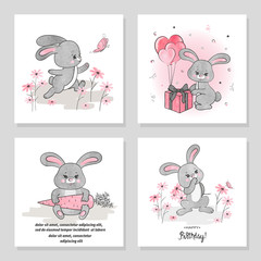 Wall Mural - Set of cute cartoon rabbits. Vector watercolor bunny illustration. Birthday or Easter card design.