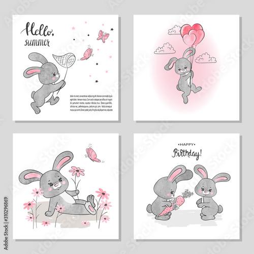 Set of cute cartoon rabbits. Vector watercolor bunny illustration. Birthday o...