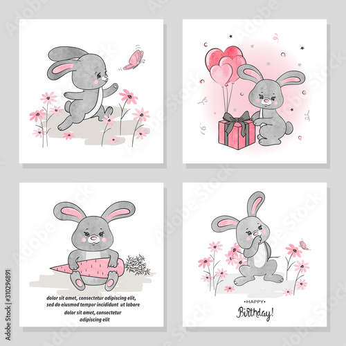 Set of cute cartoon rabbits. Vector watercolor bunny illustration. Birthday o...
