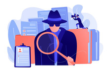 Secret Agent Searching Clues And Spying Investigating Case. Private Investigation, Private Detective Agency, Private Investigator Services Concept. Pink Coral Blue Vector Isolated Illustration