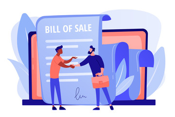 Wall Mural - Document for purchase. Customer and purchaser deal. Buying contract. Bill of sale, written selling document, execution of a sales contract concept. Pink coral blue vector isolated illustration