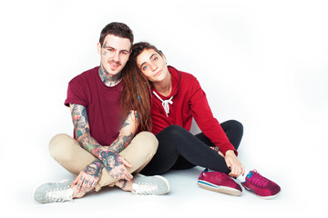 young pretty couple together, lifestyle people concept, boyfriend and girlfriend tattoo