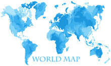 Vector Watercolor Illustration Of Retro Vintage World Global Map Painted In Blue Ink