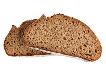 two slices of rye bread in closeup isolated on white