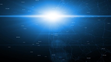 Wall Mural - network data earth with motion lines, dots and sun light rotation. growing cyberspace on black backg