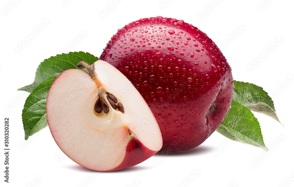 red apple with slice in water drops isolated on a white background - obrazy, fototapety, plakaty 